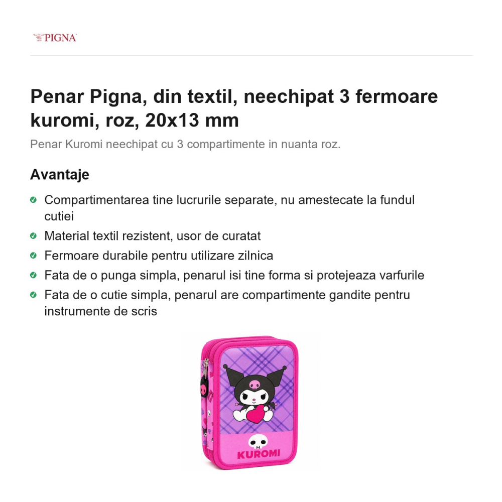 Penar Pigna, din textil, neechipat 3 fermoare kuromi, roz, 20x13 mm [2]