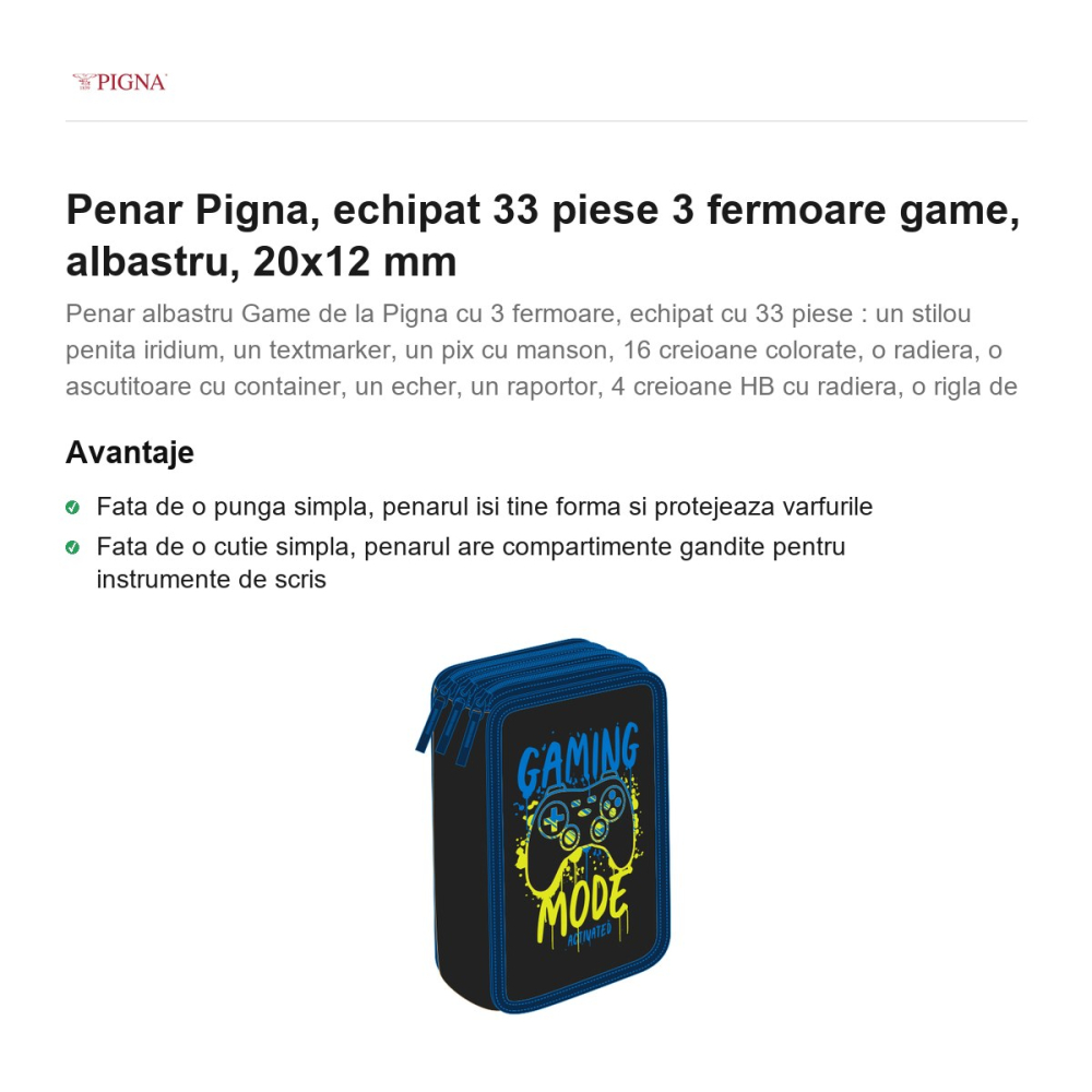 Penar Pigna, echipat 33 piese 3 fermoare game, albastru, 20x12 mm [2]