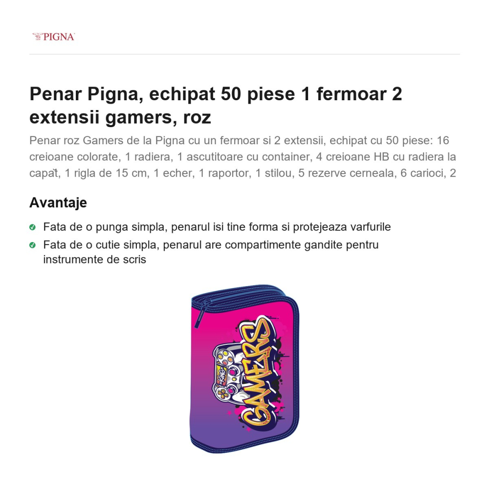 Penar Pigna, echipat 50 piese 1 fermoar 2 extensii gamers, roz [2]