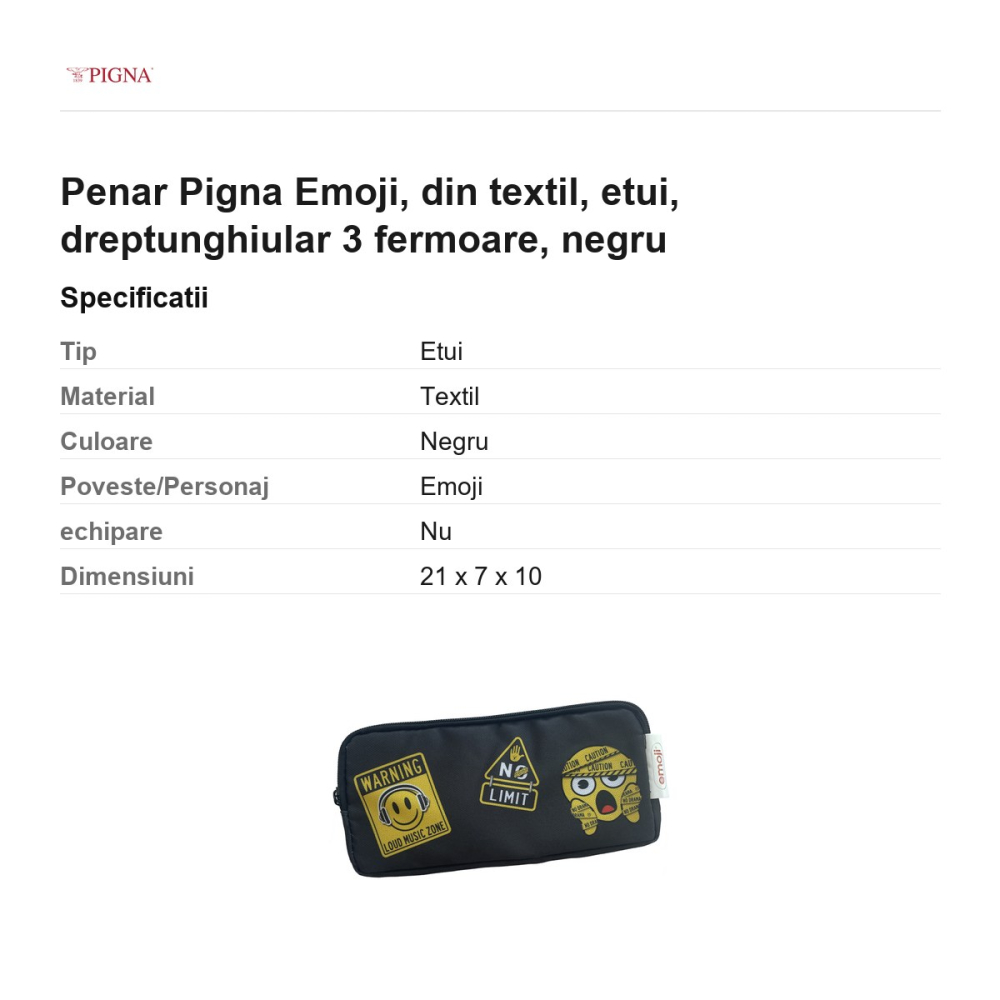 Penar Pigna Emoji, din textil, etui, dreptunghiular 3 fermoare, negru [3]