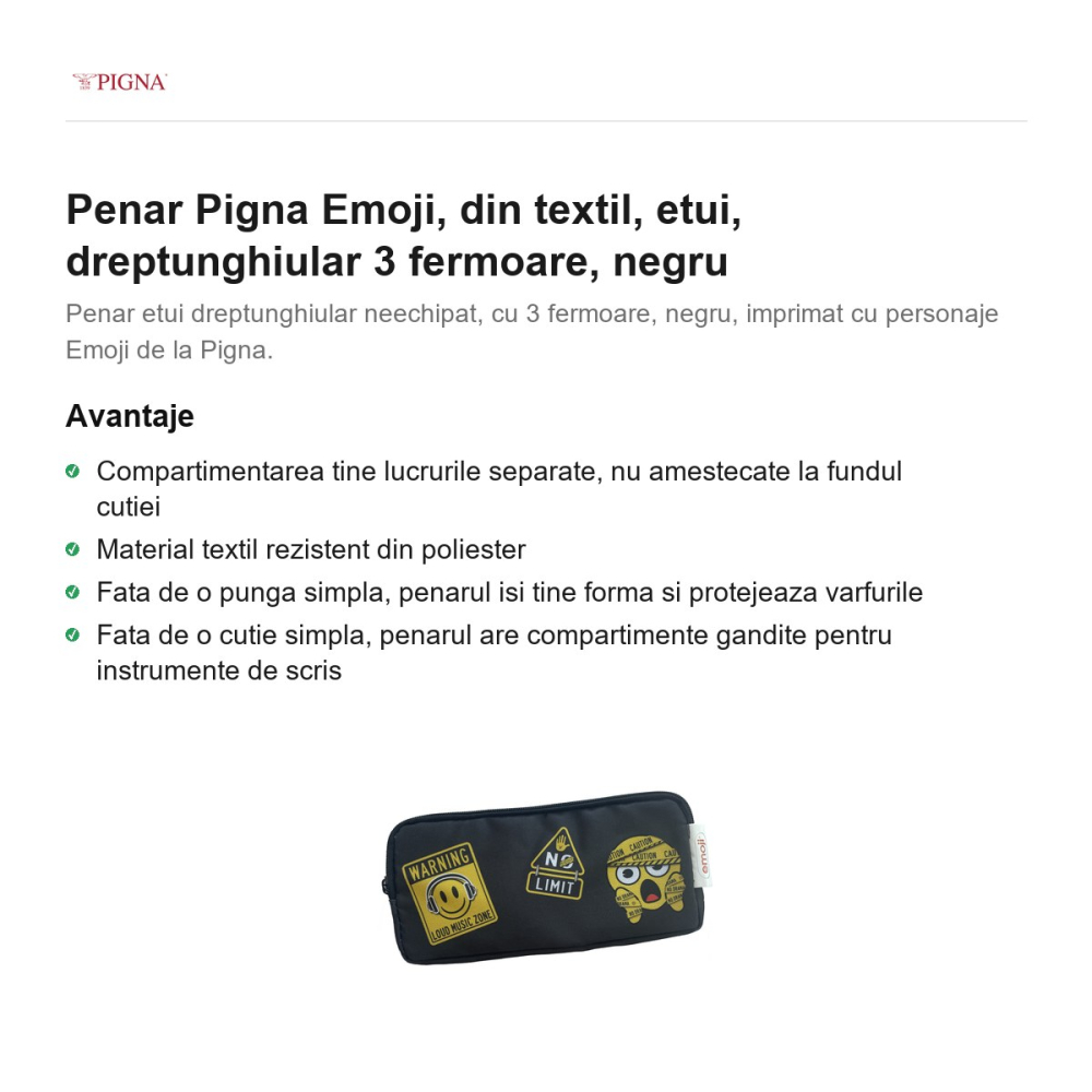 Penar Pigna Emoji, din textil, etui, dreptunghiular 3 fermoare, negru [2]