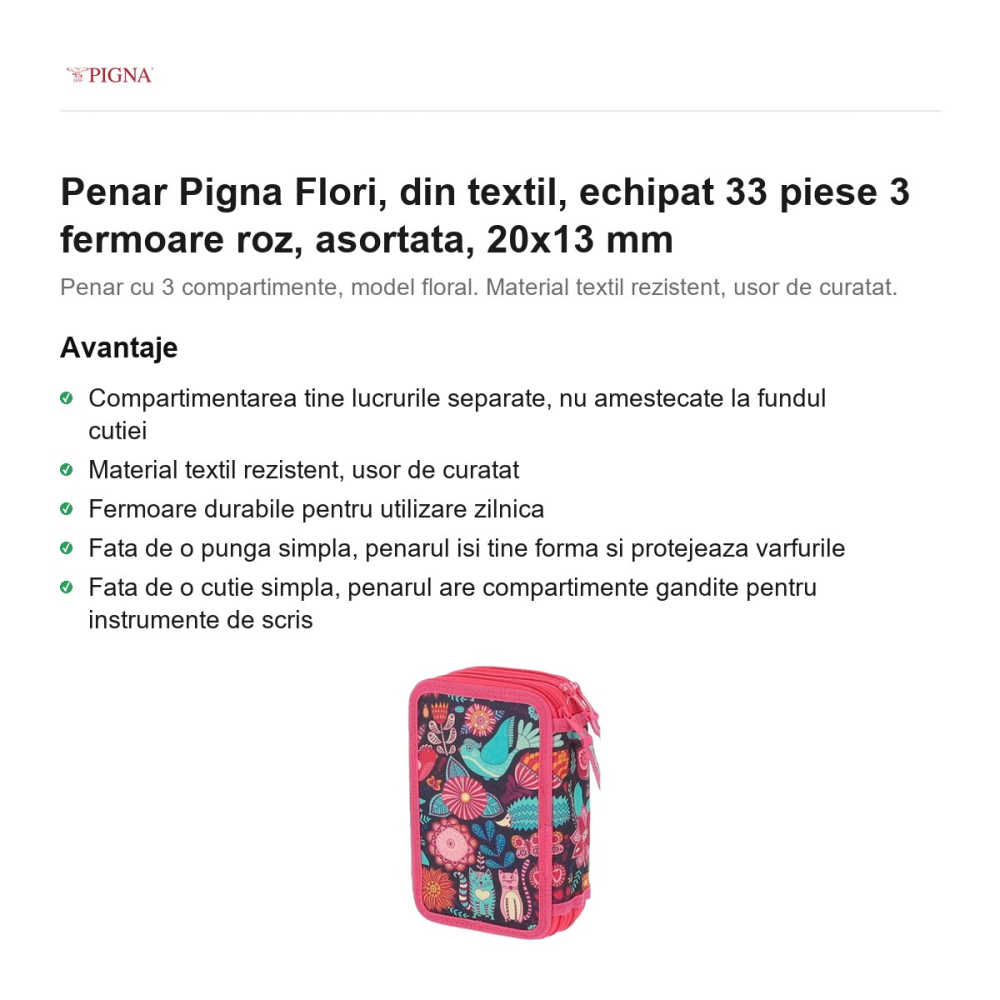 Penar Pigna Flori, din textil, echipat 33 piese 3 fermoare roz, asortata, 20x13 mm [2]