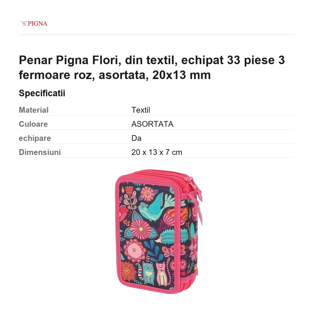 Penar Pigna Flori, din textil, echipat 33 piese 3 fermoare roz, asortata, 20x13 mm [3]