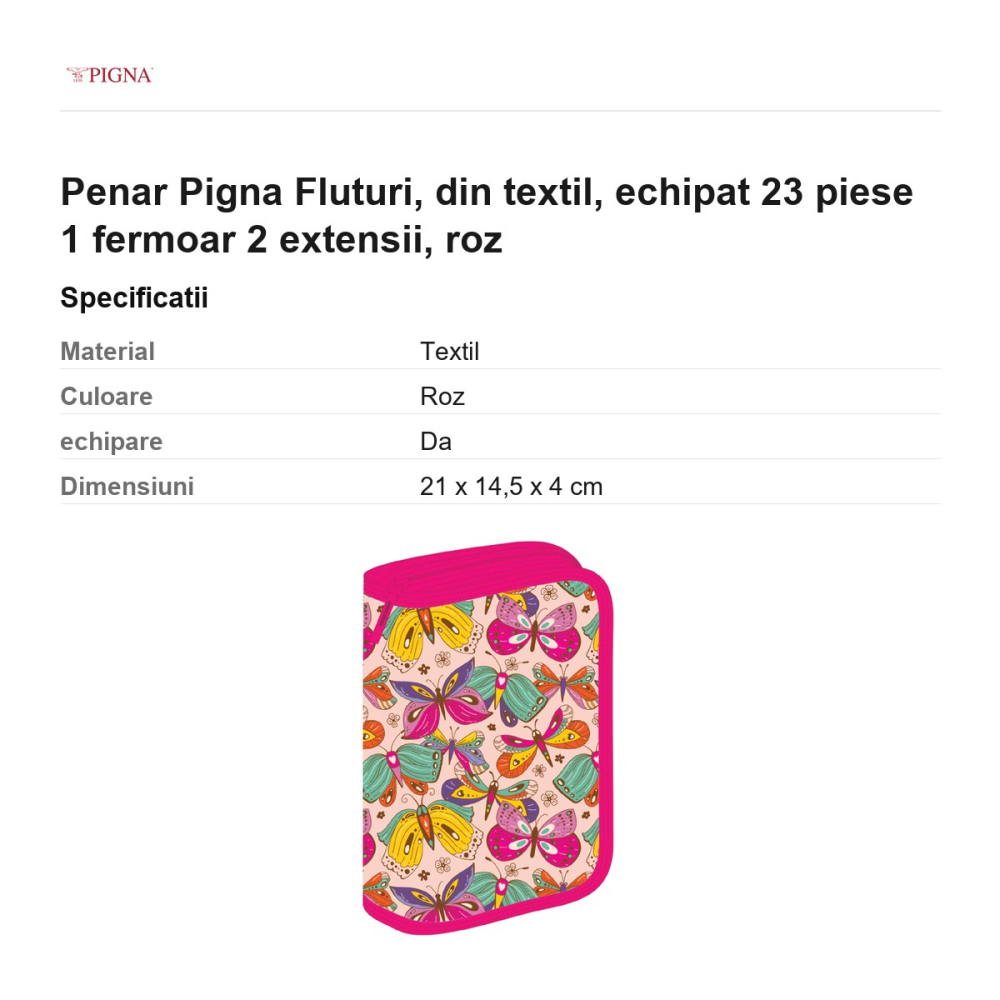 Penar Pigna Fluturi, din textil, echipat 23 piese 1 fermoar 2 extensii, roz [3]