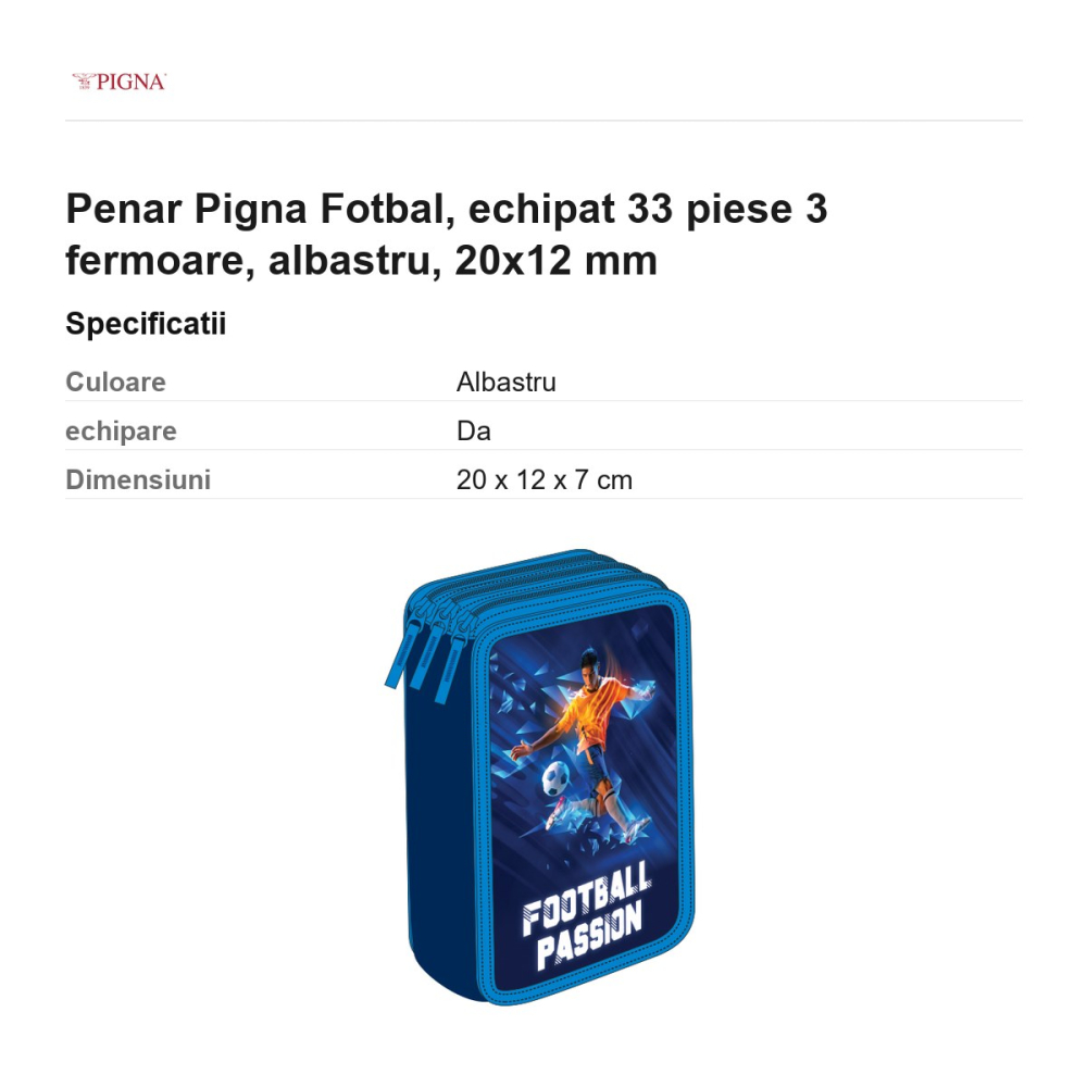 Penar Pigna Fotbal, echipat 33 piese 3 fermoare, albastru, 20x12 mm [3]