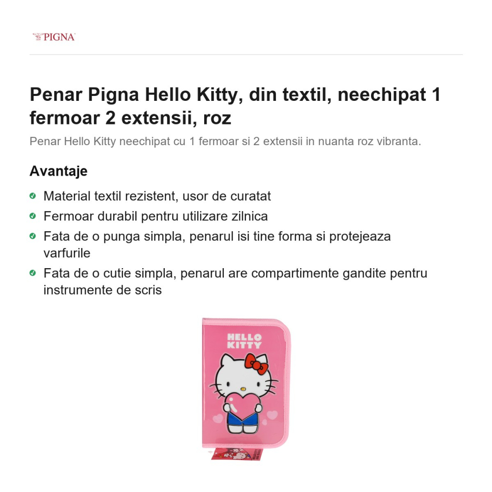 Penar Pigna Hello Kitty, din textil, neechipat 1 fermoar 2 extensii, roz [2]