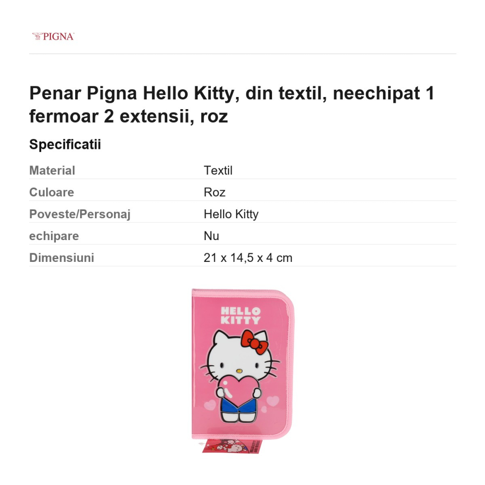 Penar Pigna Hello Kitty, din textil, neechipat 1 fermoar 2 extensii, roz [3]