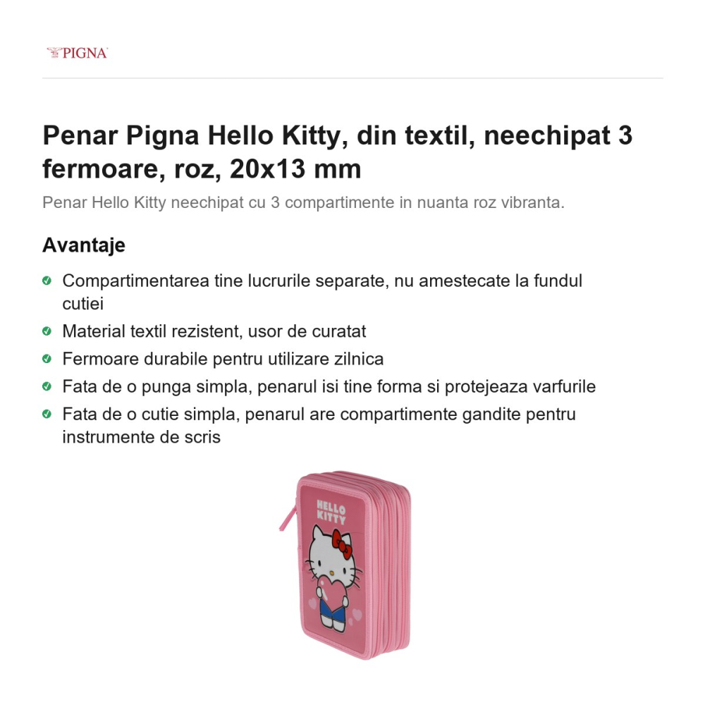 Penar Pigna Hello Kitty, din textil, neechipat 3 fermoare, roz, 20x13 mm [2]
