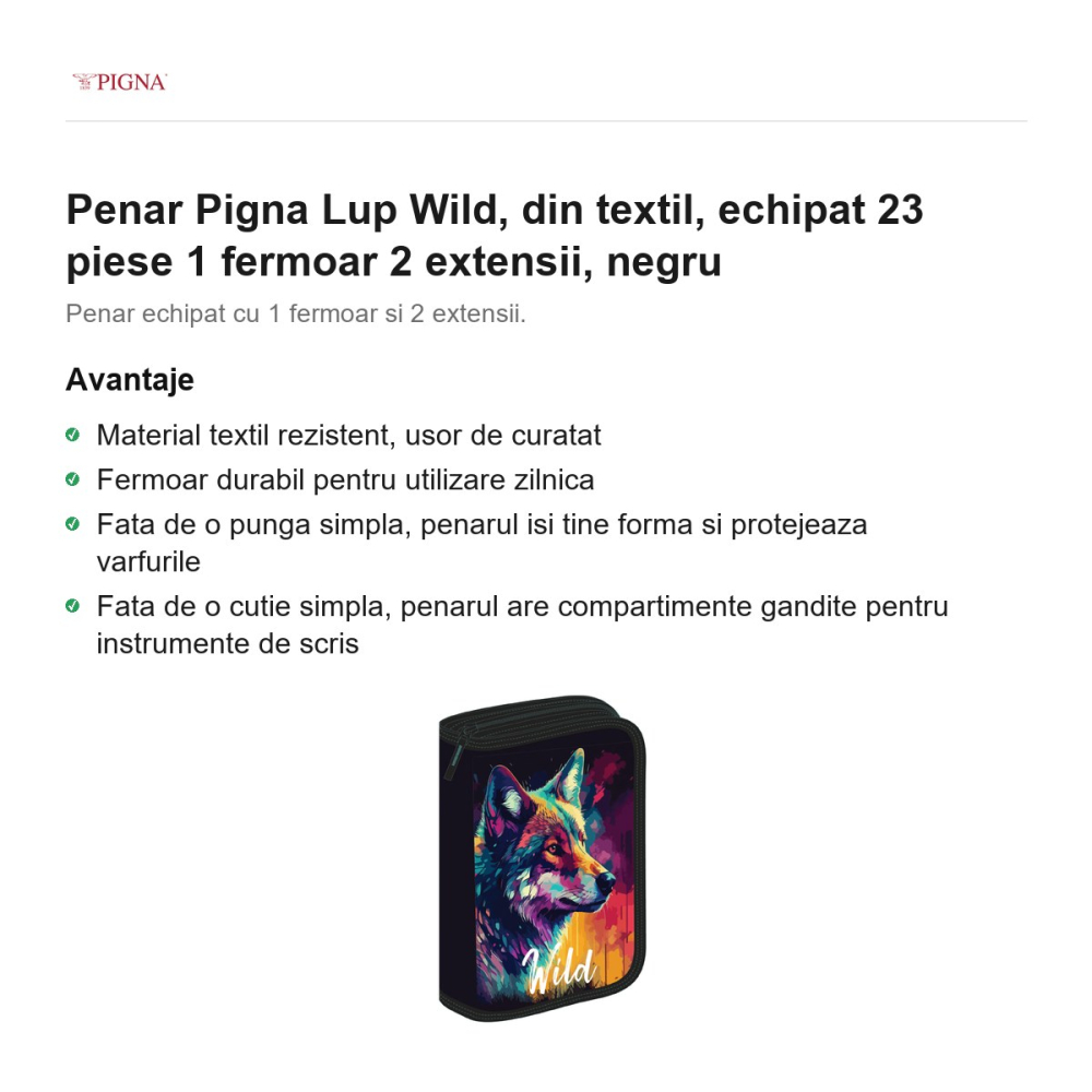 Penar Pigna Lup Wild, din textil, echipat 23 piese 1 fermoar 2 extensii, negru [2]