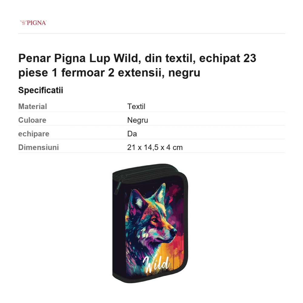 Penar Pigna Lup Wild, din textil, echipat 23 piese 1 fermoar 2 extensii, negru [3]