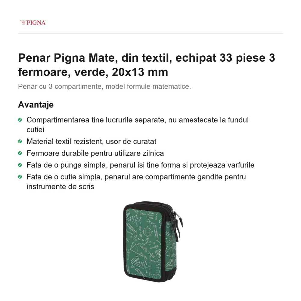 Penar Pigna Mate, din textil, echipat 33 piese 3 fermoare, verde, 20x13 mm [2]