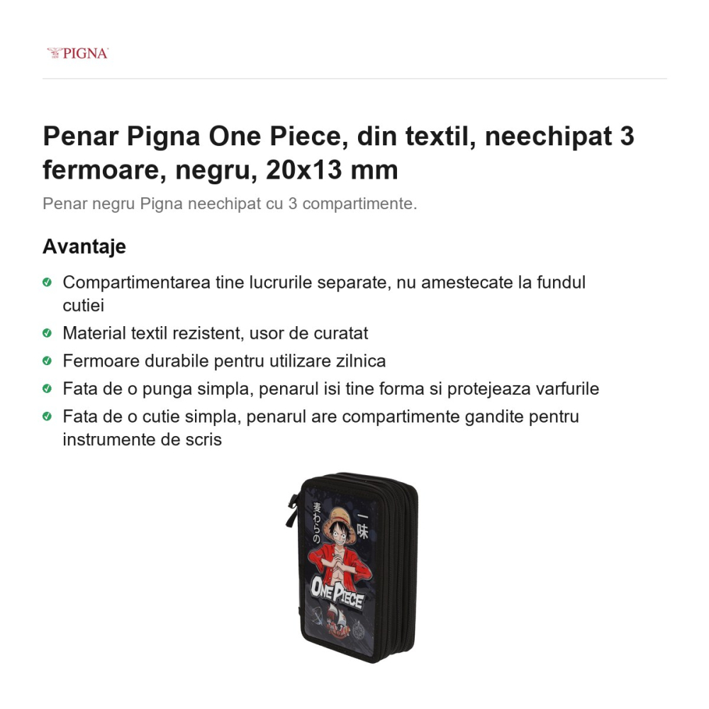 Penar Pigna One Piece, din textil, neechipat 3 fermoare, negru, 20x13 mm [2]