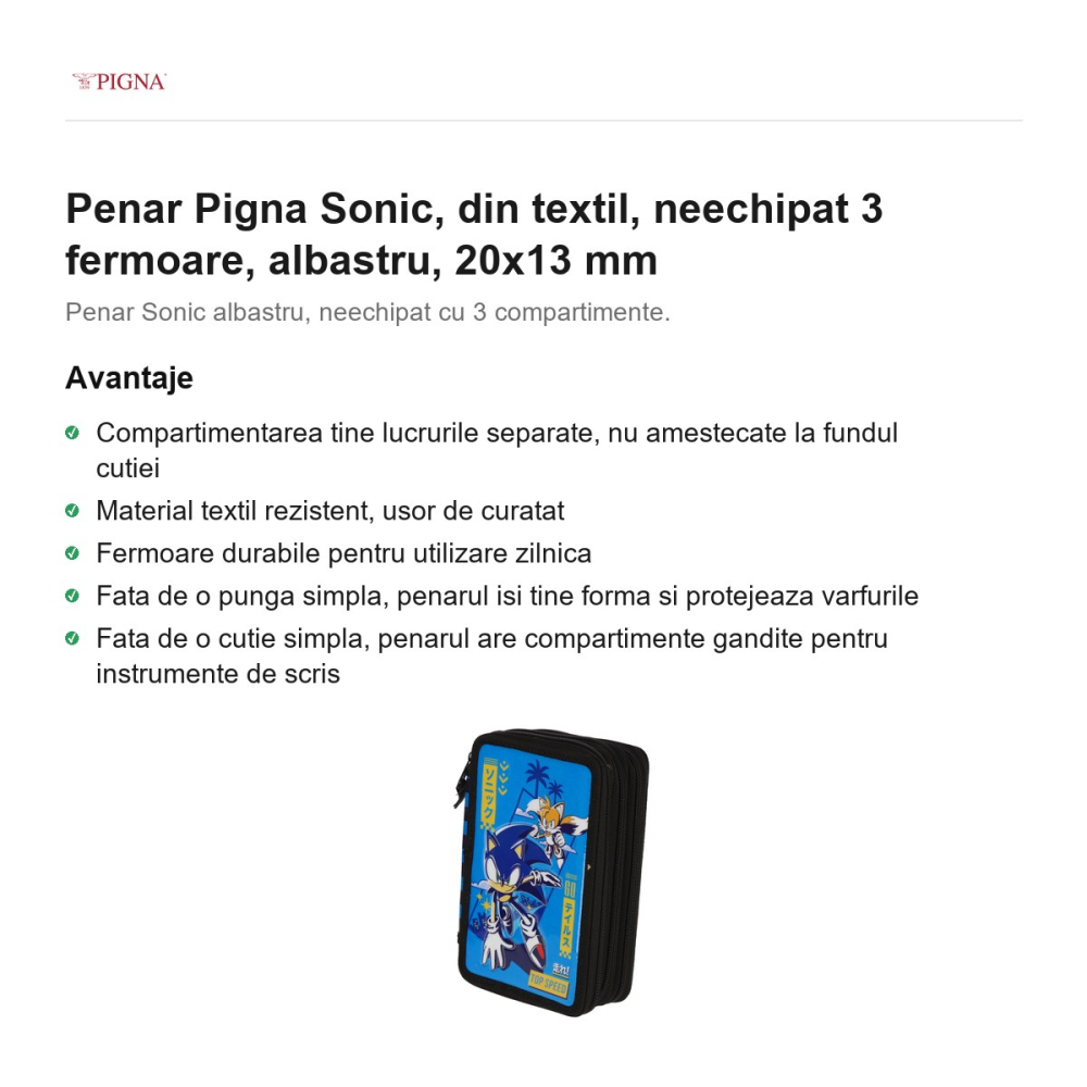 Penar Pigna Sonic, din textil, neechipat 3 fermoare, albastru, 20x13 mm [2]