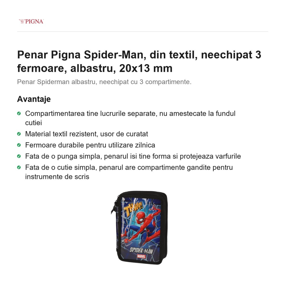 Penar Pigna Spider-Man, din textil, neechipat 3 fermoare, albastru, 20x13 mm [2]