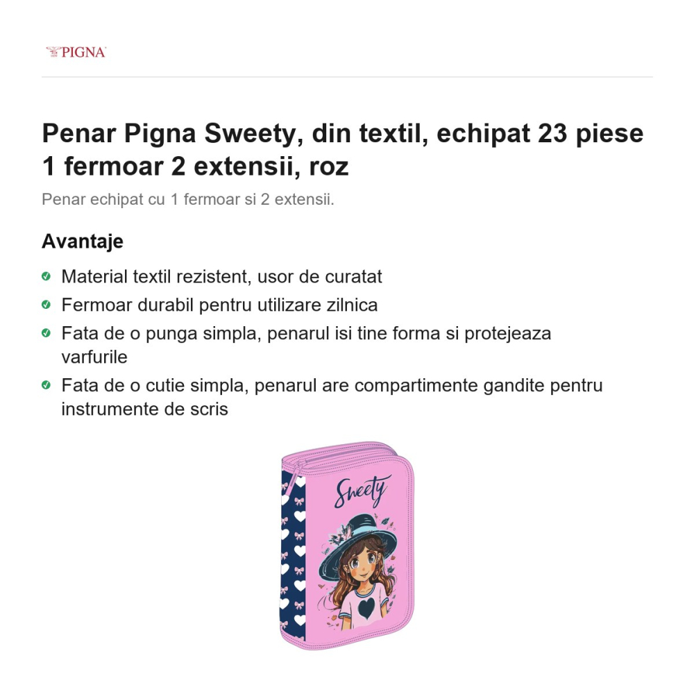 Penar Pigna Sweety, din textil, echipat 23 piese 1 fermoar 2 extensii, roz [2]