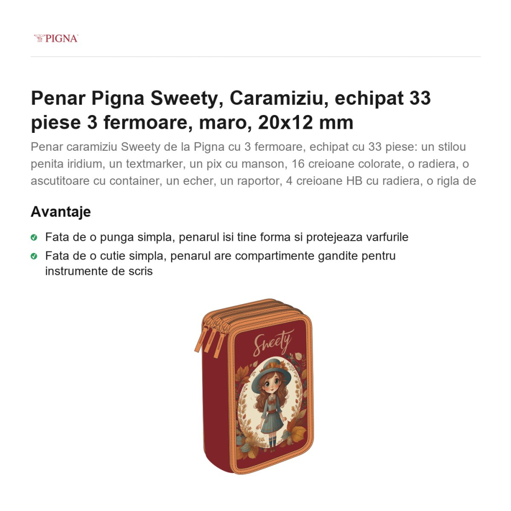 Penar Pigna Sweety, echipat 33 piese 3 fermoare caramiziu, maro, 20x12 mm [2]
