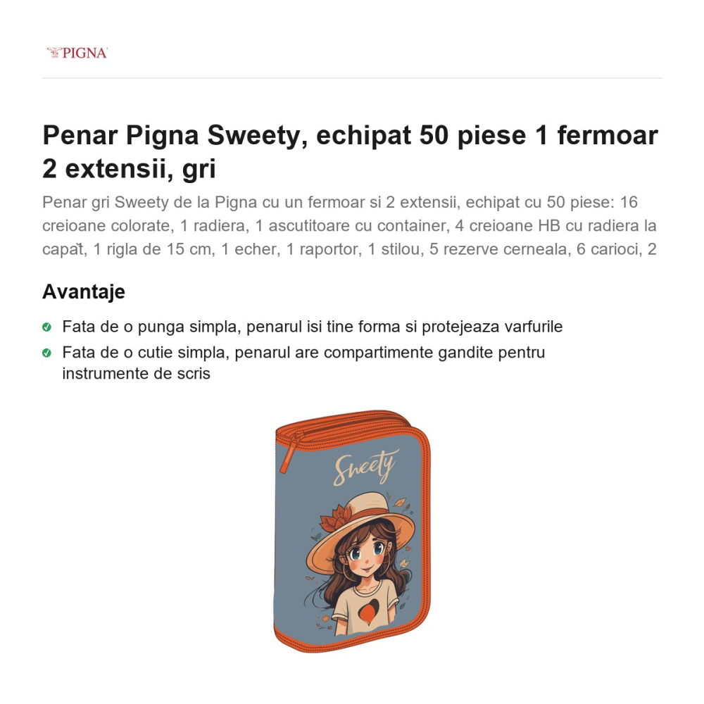 Penar Pigna Sweety, echipat 50 piese 1 fermoar 2 extensii, gri [2]
