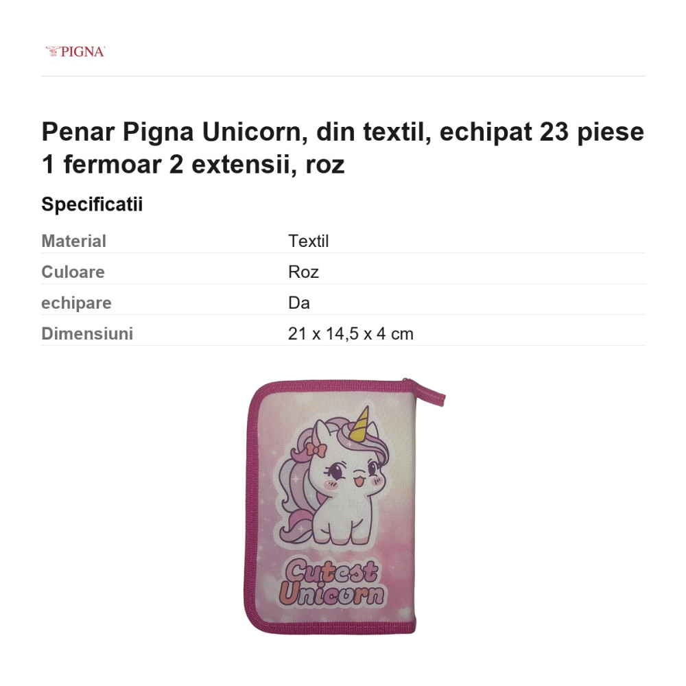 Penar Pigna Unicorn, din textil, echipat 23 piese 1 fermoar 2 extensii, roz [3]