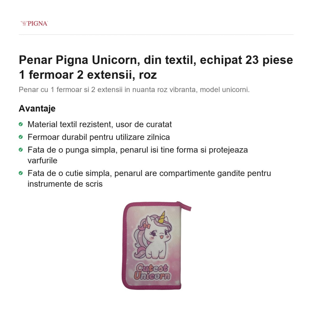 Penar Pigna Unicorn, din textil, echipat 23 piese 1 fermoar 2 extensii, roz [2]