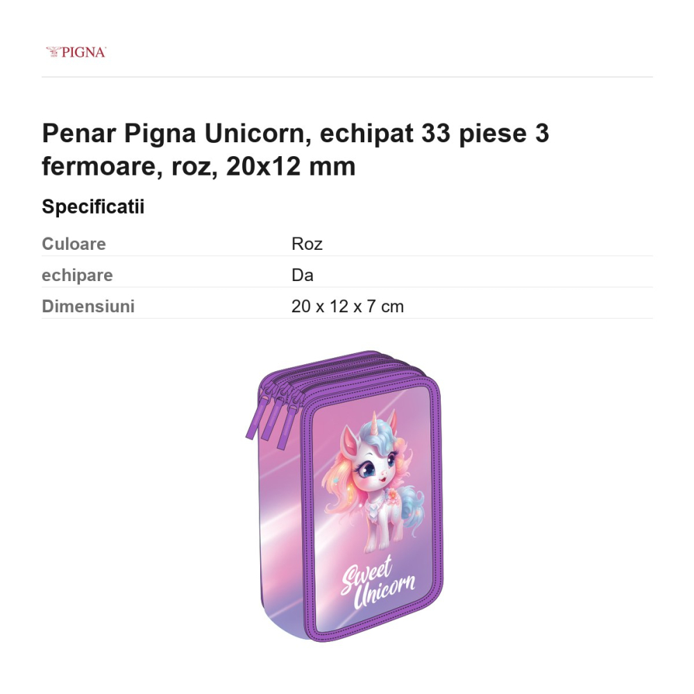 Penar Pigna Unicorn, echipat 33 piese 3 fermoare, roz, 20x12 mm [3]