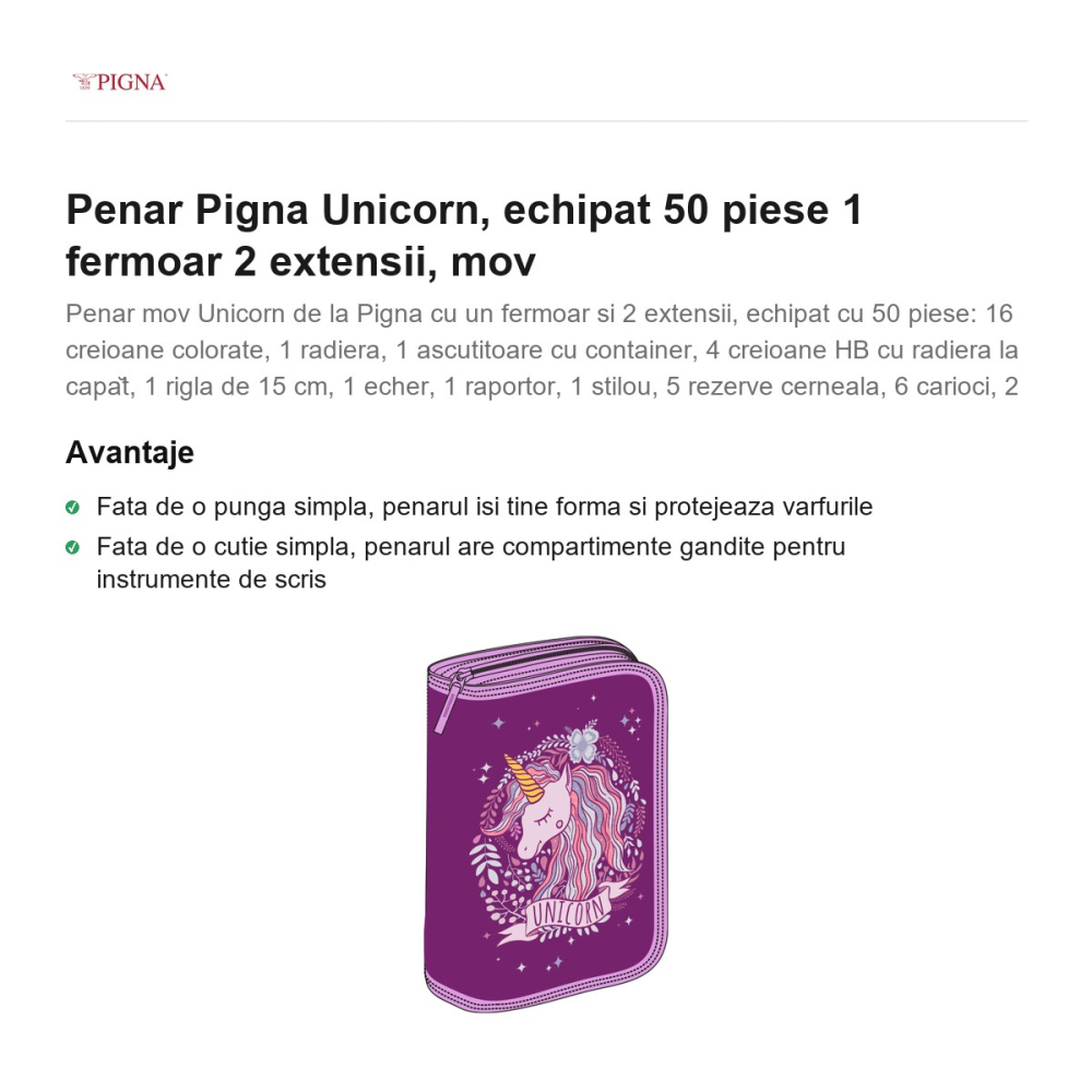 Penar Pigna Unicorn, echipat 50 piese 1 fermoar 2 extensii, mov [2]