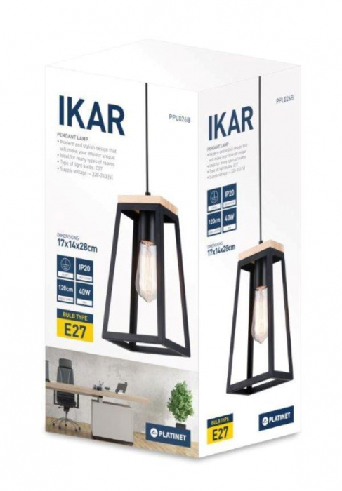 Pendul PLATINET - IKAR , E27 , 1x40W , Metal / Lemn , Negru [3]