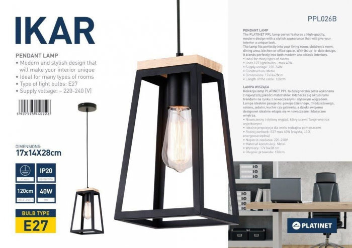 Pendul PLATINET - IKAR , E27 , 1x40W , Metal / Lemn , Negru [4]