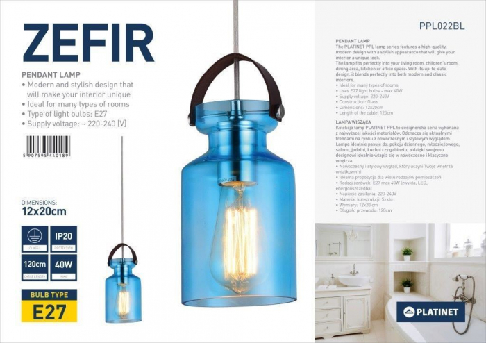 Lampa Suspendata PLATINET - ZEFIR , E27 , 1 x 40W , Albastru [4]