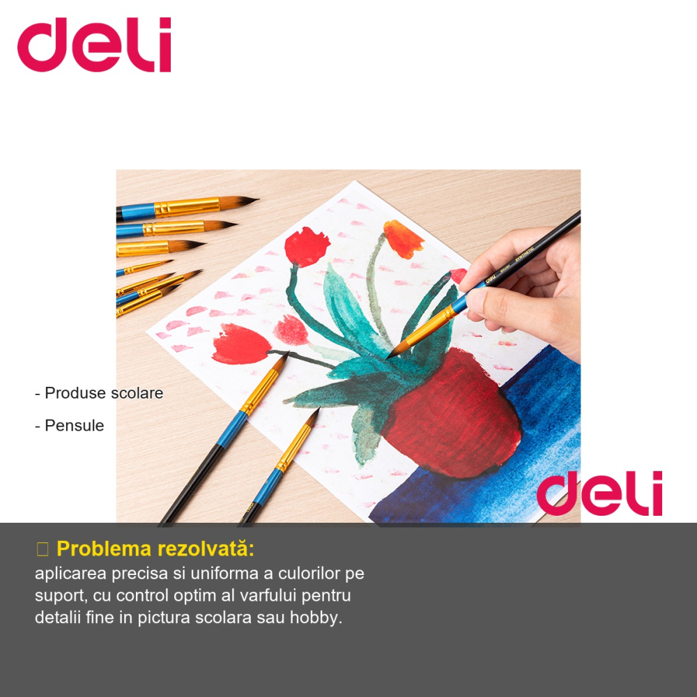 Pensula cu varf rotund Deli No. 6, corp din lemn, varf nailon moale, pentru pictura [2]