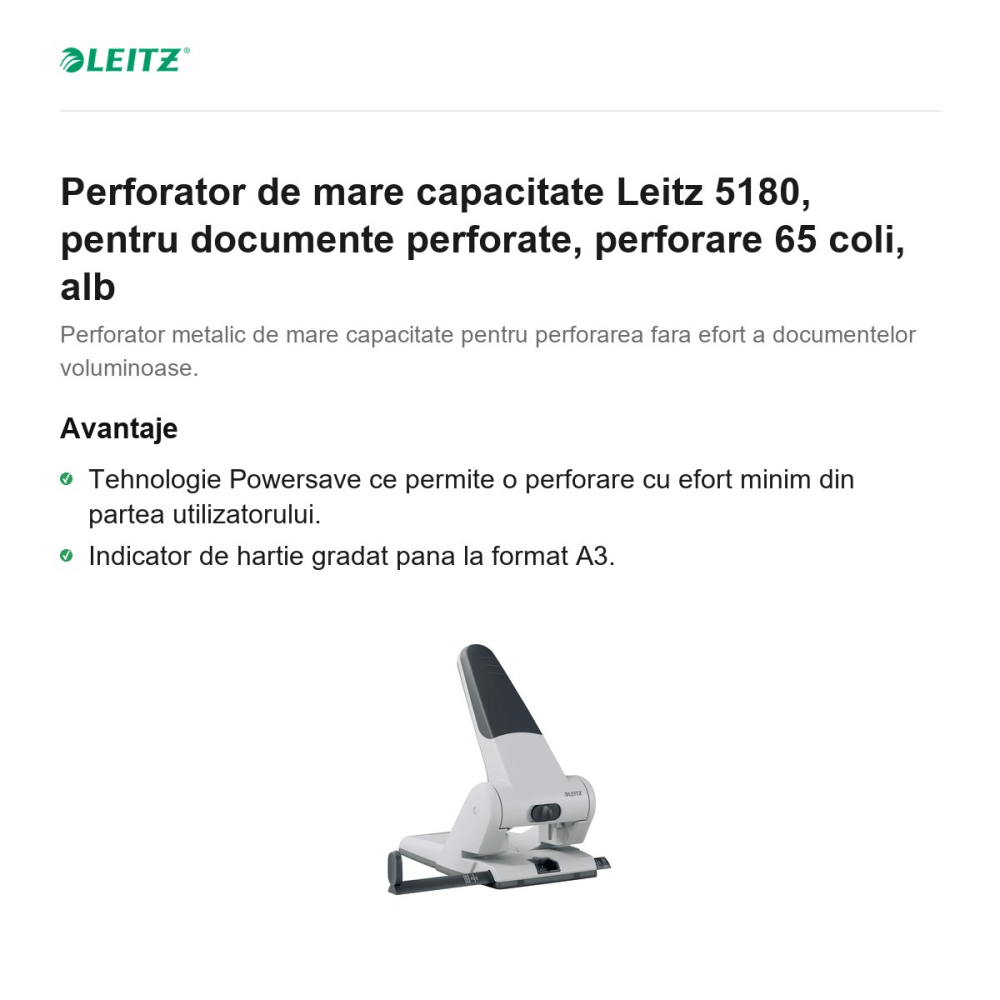 Perforator de mare capacitate Leitz 5180, pentru documente perforate, perforare 65 coli, alb [2]