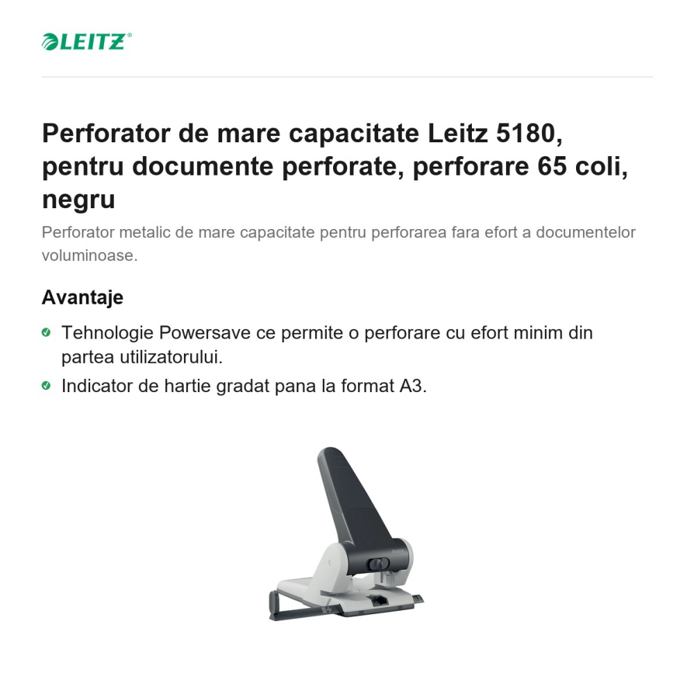 Perforator de mare capacitate Leitz 5180, pentru documente perforate, perforare 65 coli, negru [2]
