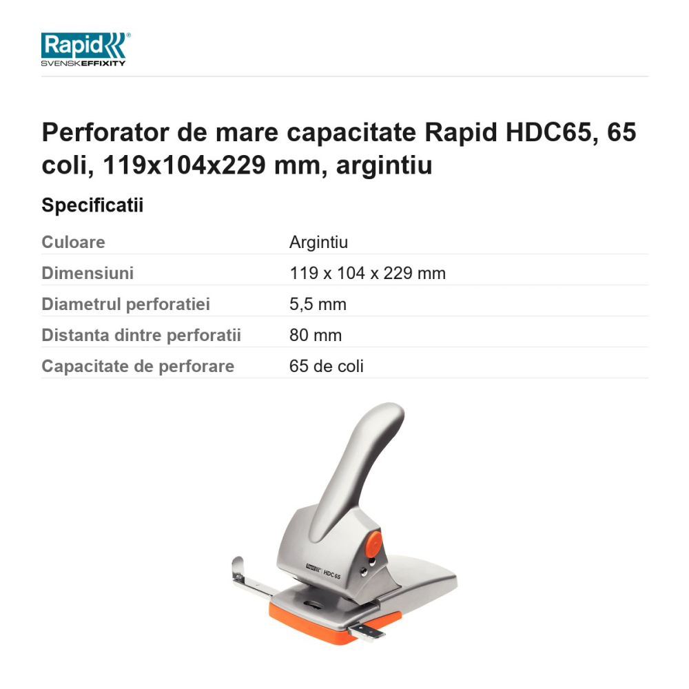 Perforator de mare capacitate Rapid HDC65, 65 coli, 119x104x229 mm, argintiu [3]