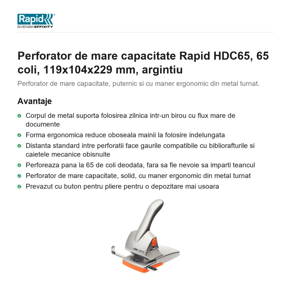 Perforator de mare capacitate Rapid HDC65, 65 coli, 119x104x229 mm, argintiu [2]