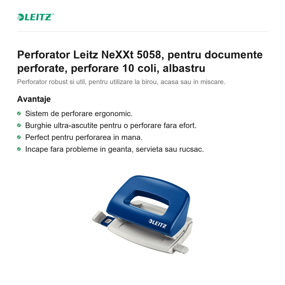 Perforator Leitz NeXXt 5058, pentru documente perforate, perforare 10 coli, albastru [2]