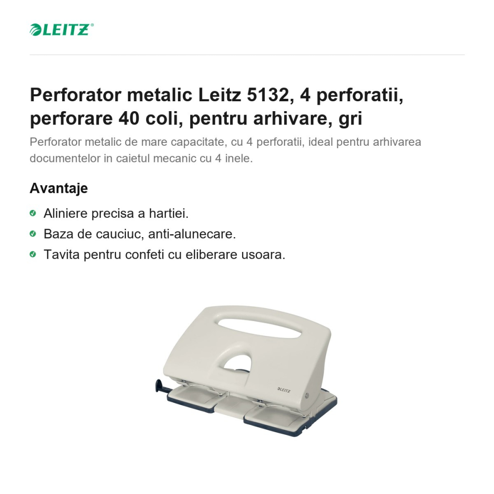 Perforator metalic Leitz 5132, 4 perforatii, perforare 40 coli, pentru arhivare, gri [2]