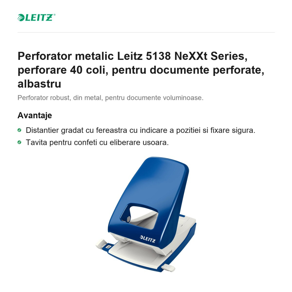 Perforator metalic Leitz 5138 NeXXt Series, perforare 40 coli, pentru documente perforate, albastru [2]