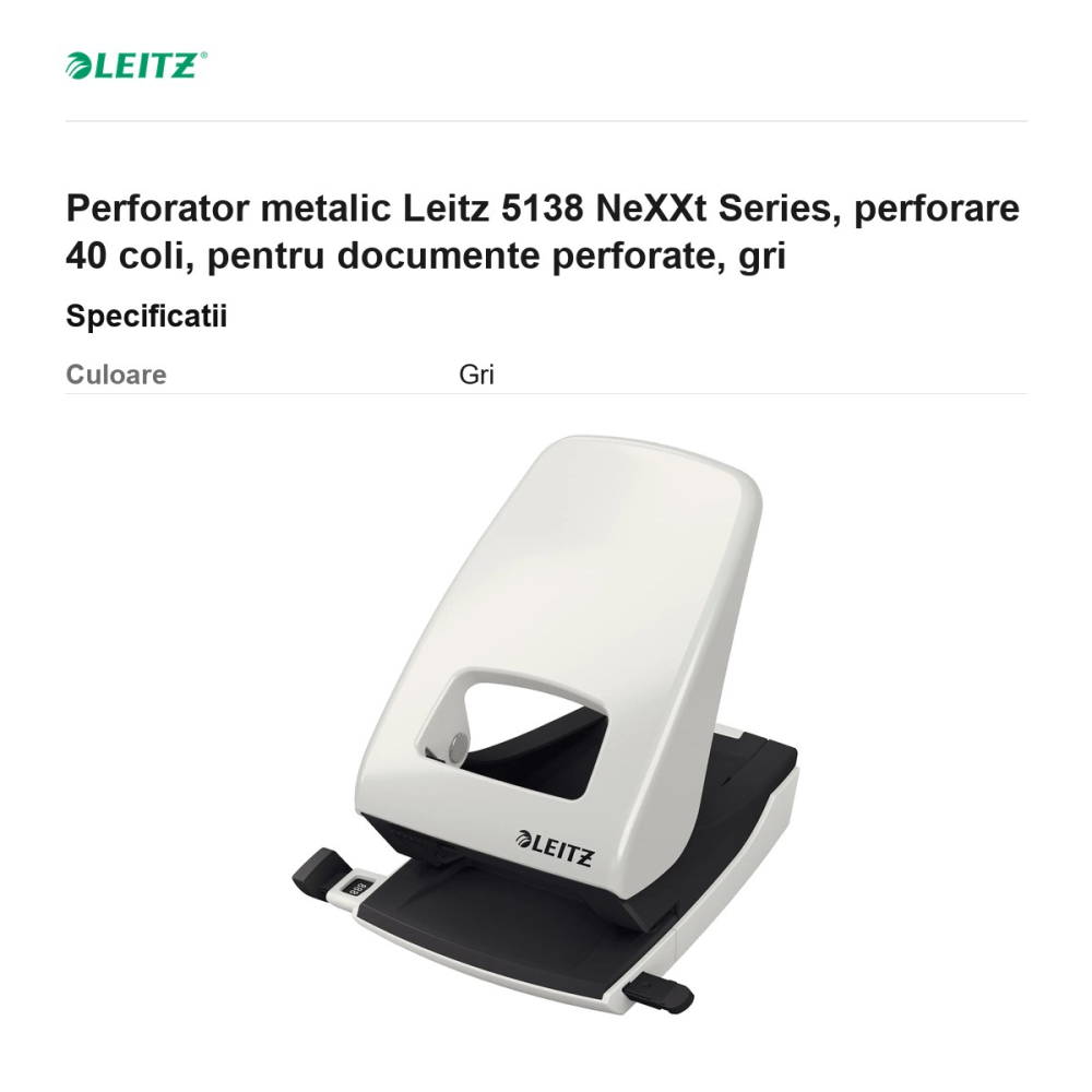 Perforator metalic Leitz 5138 NeXXt Series, perforare 40 coli, pentru documente perforate, gri [3]