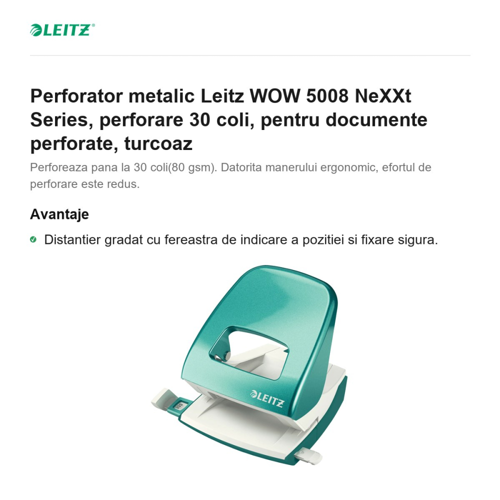 Perforator metalic Leitz WOW 5008 NeXXt Series, perforare 30 coli, pentru documente perforate, turcoaz [2]
