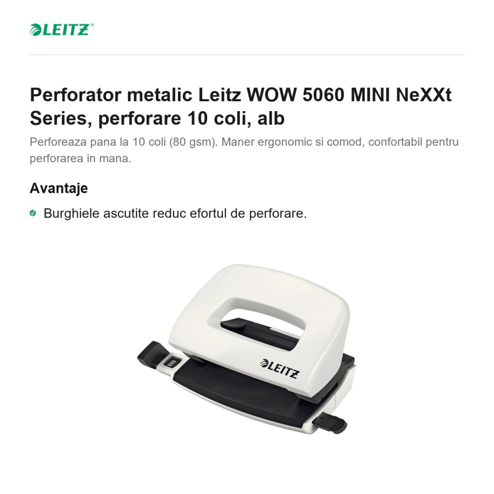 Perforator metalic Leitz WOW 5060 MINI NeXXt Series, perforare 10 coli, alb [2]