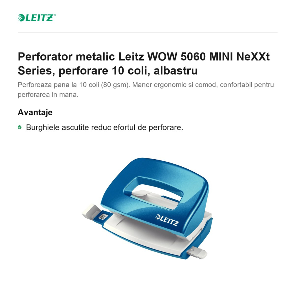 Perforator metalic Leitz WOW 5060 MINI NeXXt Series, perforare 10 coli, albastru [2]