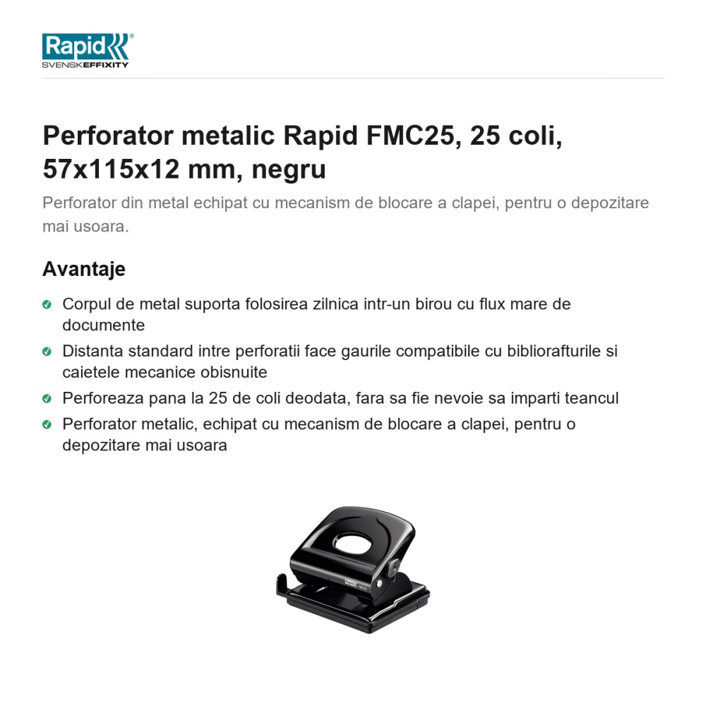 Perforator metalic Rapid FMC25, 25 coli, 57x115x12 mm, negru [2]