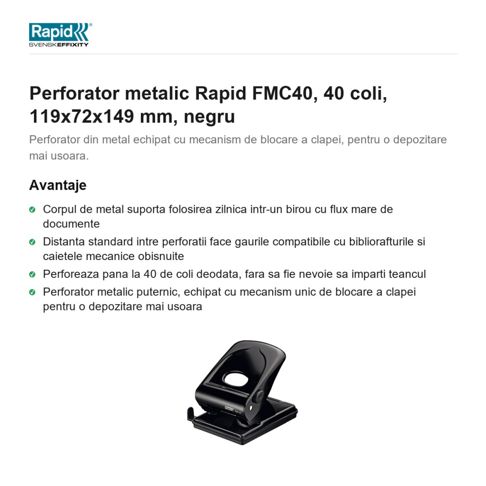 Perforator metalic Rapid FMC40, 40 coli, 119x72x149 mm, negru [2]