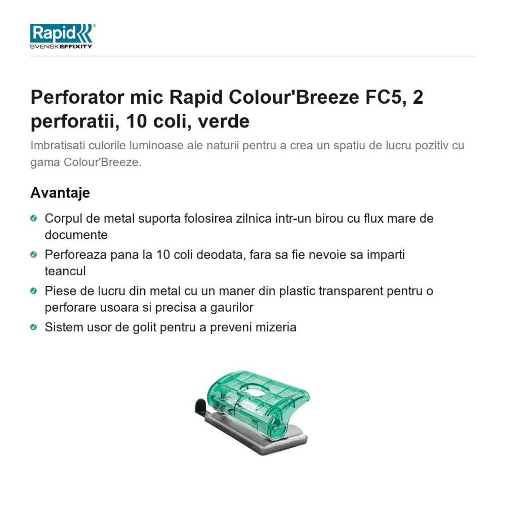 Perforator mic Rapid Colour'Breeze FC5, 2 perforatii, 10 coli, verde [2]