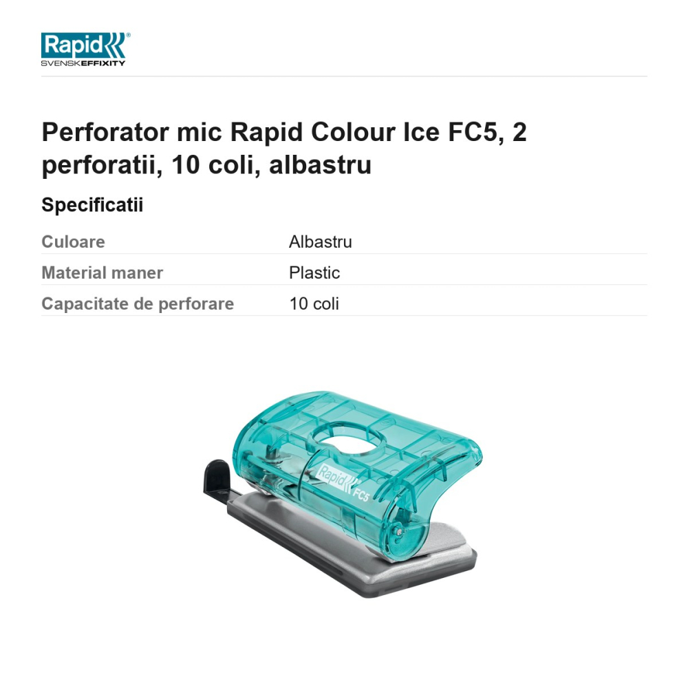 Perforator mic Rapid Colour Ice FC5, 2 perforatii, 10 coli, albastru [3]