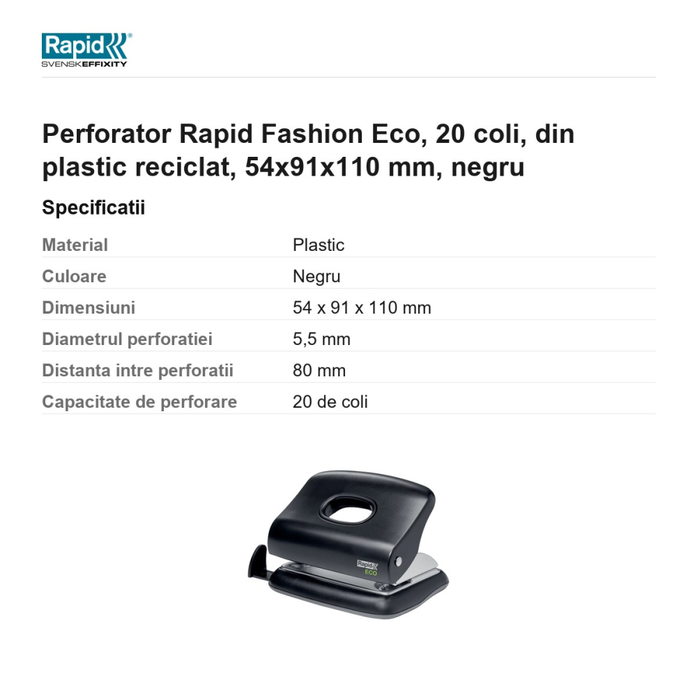 Perforator Rapid Fashion Eco, 20 coli, din plastic reciclat, 54x91x110 mm, negru [3]
