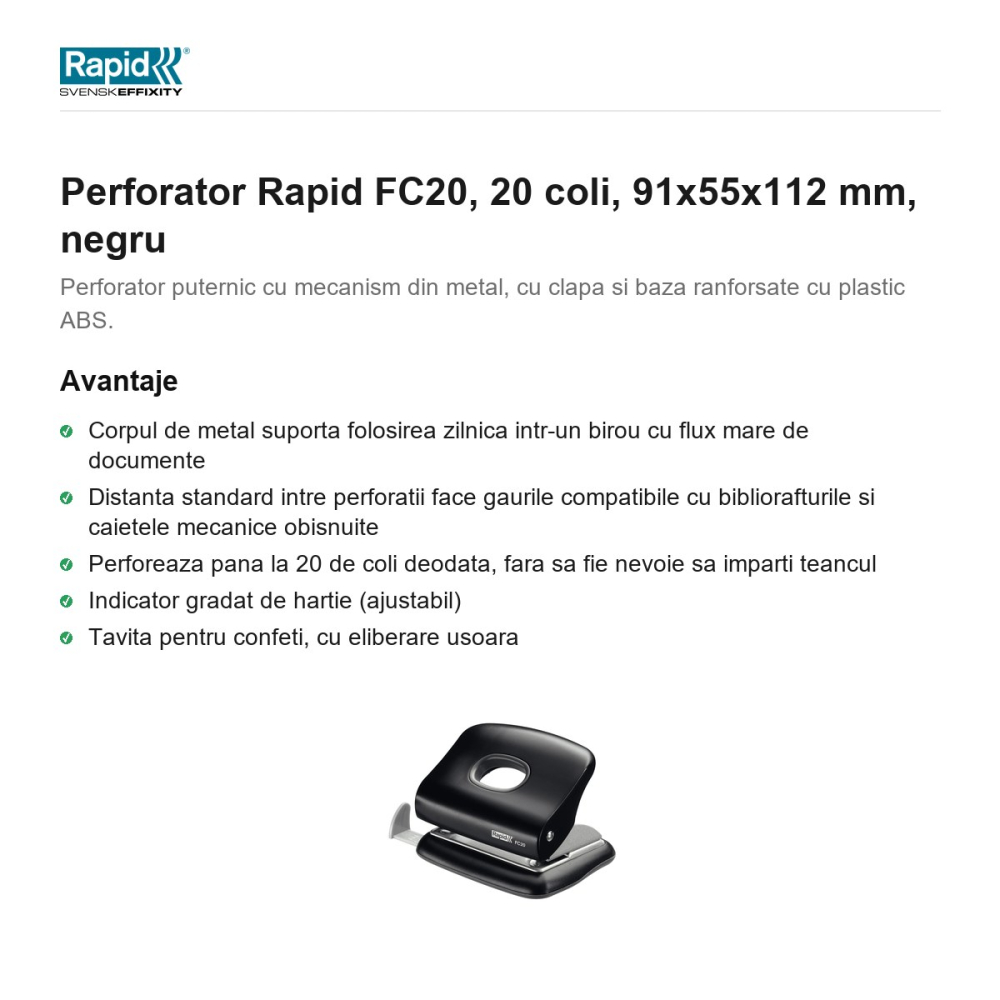 Perforator Rapid FC20, 20 coli, 91x55x112 mm, negru [2]