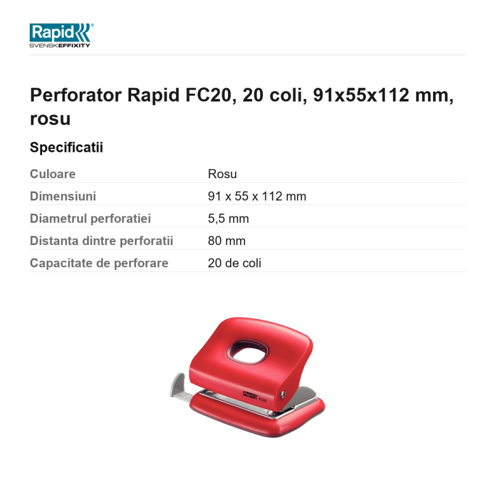 Perforator Rapid FC20, 20 coli, 91x55x112 mm, rosu [3]