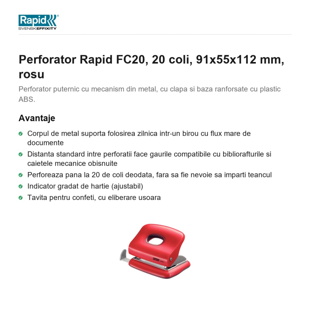 Perforator Rapid FC20, 20 coli, 91x55x112 mm, rosu [2]