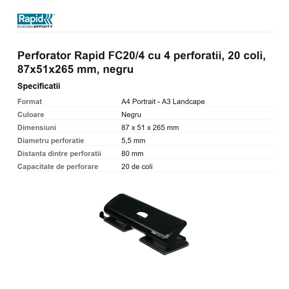 Perforator Rapid FC20/4 cu 4 perforatii, 20 coli, 87x51x265 mm, negru [3]
