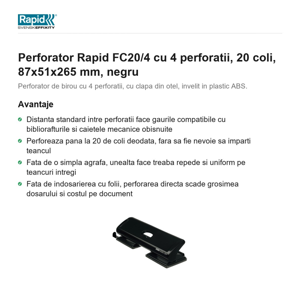Perforator Rapid FC20/4 cu 4 perforatii, 20 coli, 87x51x265 mm, negru [2]